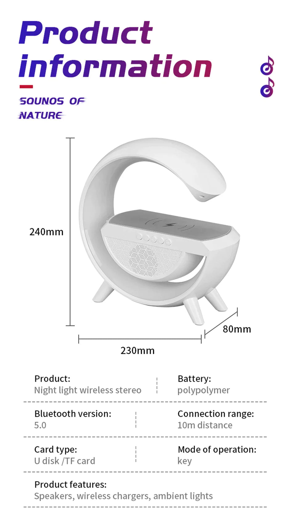 Wireless Fast Charger with Bluetooth Speaker and LED G Lamp